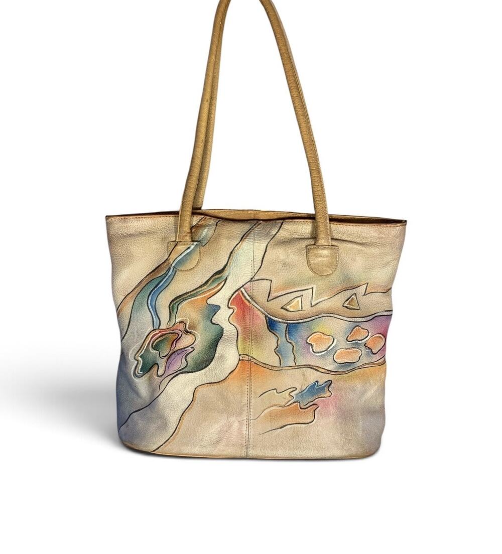 Vintage Sam Sam Boho Tote Bag, Hand Painted Leather, Hobo Bag, Shoulder Bag